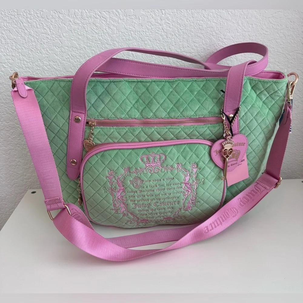 Juicy Couture Mint Green and Pink Quilted Tote